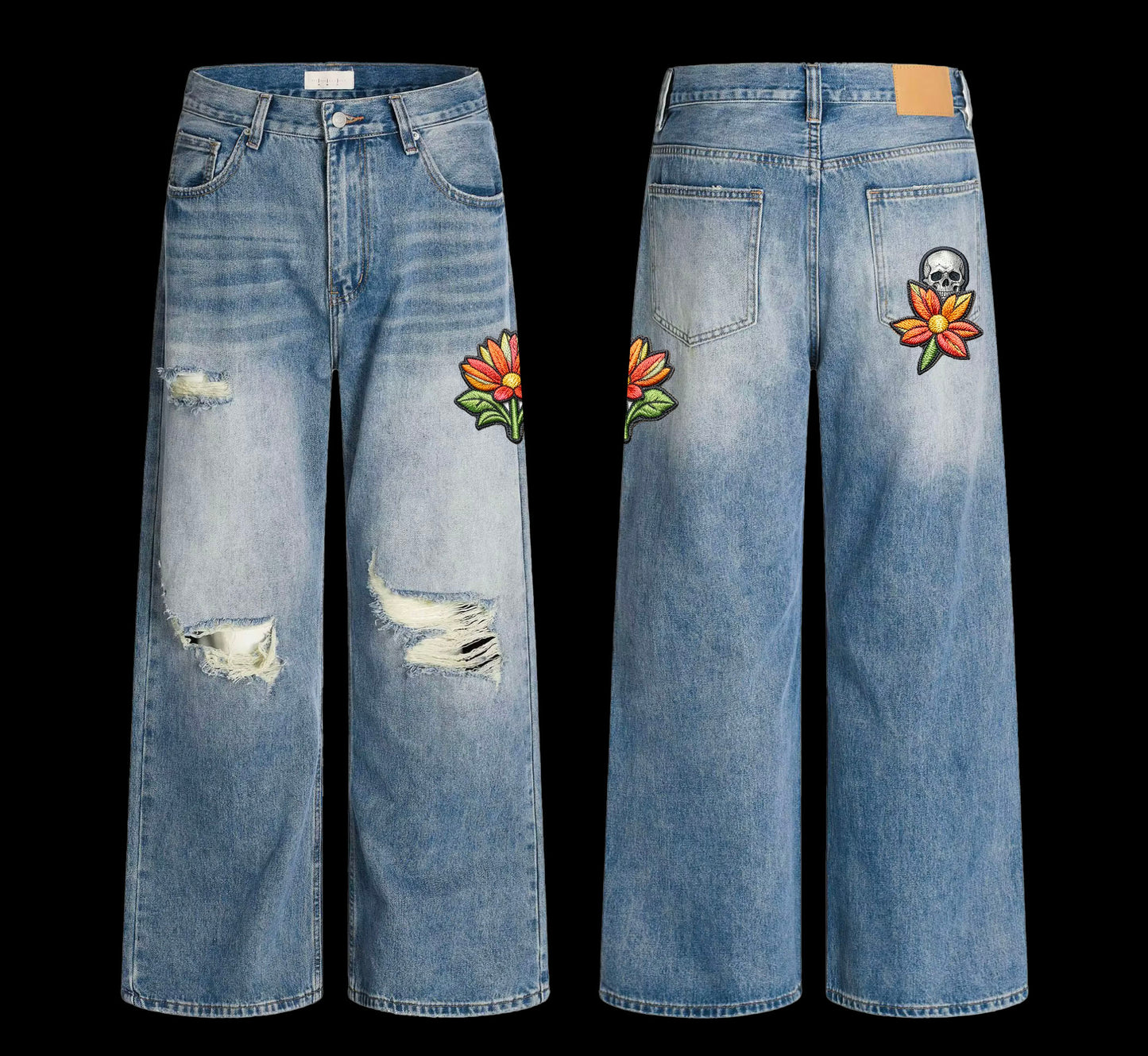 Ripped Skull Floral Patch Denim